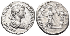 Caracalla, 198-217. Denarius (Silver, 18 mm, 3.37 g, 12 h), Rome, 198. IMP CAE M AVR ANT AVG F TR P Laureate and draped but of Caracalla to right. Rev...