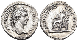 Caracalla, 198-217. Denarius (Silver, 20 mm, 3.49 g, 6 h), Rome. ANTONINVS PIVS AVG Laureate head of Caracalla to right. Rev. PONTIF TR P XII COS III ...