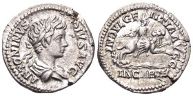 Caracalla, 198-217. Denarius (Silver, 19 mm, 3.16 g, 6 h), Rome, 201-206. ANTONINVS PIVS AVG Laureate and draped bust of Caracalla to right. Rev. INDV...