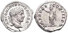 Caracalla, 198-217. Denarius (Silver, 20 mm, 3.39 g, 1 h), Rome, 212. ANTONINVS PIVS AVG BRIT Laureate head of Caracalla to right. Rev. P M TR P XV CO...
