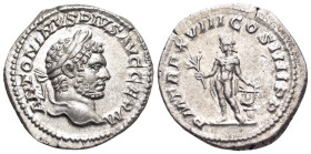 Caracalla, 198-217. Denarius (Silver, 19 mm, 3.41 g, 12 h), Rome, 215. ANTONINVS PIVS AVG GERM Laureate head of Caracalla to right. Rev. P M TR P XVII...