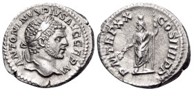 Caracalla, 198-217. Denarius (Silver, 19 mm, 3.05 g, 12 h), Rome. ANTONINVS PIVS AVG GERM Laureate head of Caracalla to right. Rev. P M TR P XX COS II...