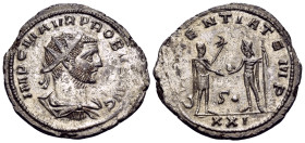 Probus, 276-282. Antoninianus (Billon, 23 mm, 3.59 g, 12 h), Antioch, 6th officina (S), 280. IMP C M AVR PROBVS P F AVG Radiate, draped and cuirassed ...