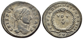 Crispus, Caesar, 316-326. Follis (Bronze, 19 mm, 3.34 g, 12 h), Arelate, 1st officina (A), 321. CRISPVS NOB CAES Laureate head of Crispus to right. Re...