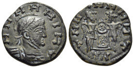 Late Roman imitations, early-4th century. Follis (Bronze, 16 mm, 2.99 g, 11 h), copying the coinage of Constantine I and Licinius I. HHHHHIHT Laureate...