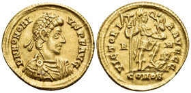 Honorius, 393-423. Solidus (Gold, 21 mm, 4.42 g, 1 h), Rome, 395-402. D N HONORI-VS P F AVG Pearl-diademed, draped and cuirassed bust of Honorius to r...