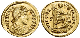 Theodosius II, 402-450. Solidus (Gold, 21 mm, 4.40 g, 6 h), Sirmium, 395-402. D N THEODO-SIVS P F AVG Dademed, draped and cuirassed bust of Theodosius...