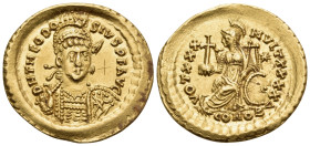 Theodosius II, 402-450. Solidus (Gold, 21.5 mm, 4.41 g, 6 h), Constantinople, 4th officina (Δ), 430-440. D N THEODO-SIVS P F AVG Pearl-diademed, helme...
