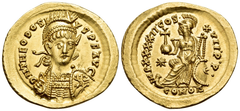 Theodosius II, 402-450. Solidus (Gold, 21.5 mm, 4.45 g, 6 h), Constantinople, 43...