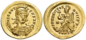Theodosius II, 402-450. Solidus (Gold, 21.5 mm, 4.45 g, 6 h), Constantinople, 430-440. D N THEODOSI-VS P F AVG Pearl-diademed, helmeted and cuirassed ...