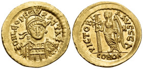 Leo I, 457-474. Solidus (Gold, 20,5 mm, 4.46 g, 6 h), Constantinople, 1st officina (A), circa 460-468. D N LEO PE-RPET AVG Helmeted, diademed and cuir...