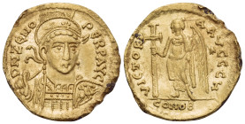 Zeno, second reign, 476-491. Solidus (Gold, 20 mm, 4.05 g, 6 h), Constantinople, 8th officina (H). D N ZENO PERP AVG Diademed, helmeted, and cuirassed...
