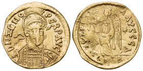 Zeno, second reign, 476-491. Solidus (Gold, 19.5 mm, 4.15 g, 7 h), Constantinople, 4th officina (Δ). D N ZENO PERP AVG (Z retrograde) Diademed, helmet...