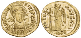 Anastasius I, 491-518. Solidus (Gold, 20.5 mm, 3.97 g, 6 h), Constantinople, 1oth officina (I), 492-507. D N ANASTA-SIVS P P AVC Helmeted and cuirasse...