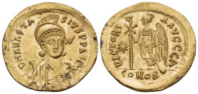 Anastasius I, 491-518. Solidus (Gold, 20 mm, 4.48 g, 7 h), Constantinople, 1st officina (A), 498. D N ANASTA-SIVS P P AVC Helmeted and cuirassed bust ...