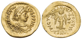 Anastasius I, 491-518. Tremissis (Gold, 19 mm, 1.38 g, 6 h), Constantinople, 492-518. D N ANASTA-SIVS P P AVG Diademed, draped and cuirassed bust of A...