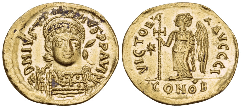 Justin I, 518-527. Solidus (Gold, 20 mm, 4.06 g, 6 h), Constantinople, 10th offi...