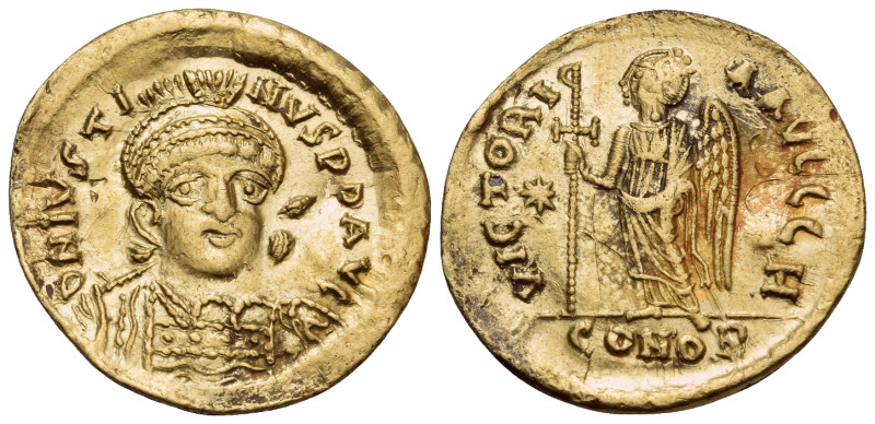 Justin I, 518-527. Solidus (Gold, 20 mm, 4.09 g, 6 h), Constantinople, 8th offic...