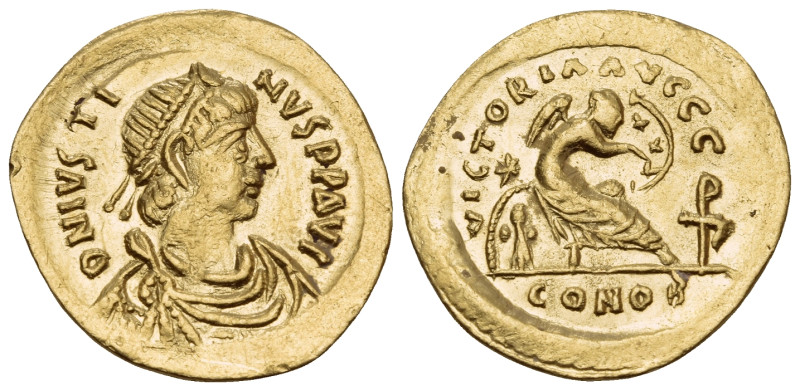 Justin I, 518-527. Semissis (Gold, 18 mm, 2.02 g, 6 h), Constantinople. D N IVST...