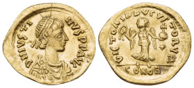 Justin I, 518-527. Tremissis (Gold, 15 mm, 1.19 g, 6 h), Constantinople. D N IVSTI-NVS PP AVC Diademed, draped and cuirassed bust of Justin I to right...