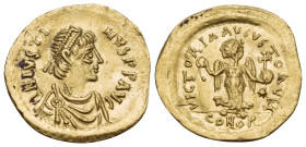 Justin I, 518-527. Tremissis (Gold, 15 mm, 1.47 g, 6 h), Constantinople. D N IVSTI-NVS PP AVC Diademed, draped and cuirassed bust of Justin I to right...