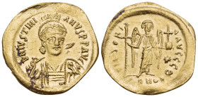 Justinian I, 527-565. Solidus (Gold, 20.5 mm, 3.92 g, 7 h), Constantinople, 9th officina (Θ), 527-537. D N IVSTINI-ANVS P P AVC Diademed, helmeted and...