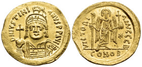 Justinian I, 527-565. Solidus (Gold, 20 mm, 4.43 g, 7 h), Constantinople, 2nd officina (B), 537-542. D N IVSTINI-ANVS P P AVG Diademed, helmeted and c...