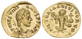 Justinian I, 527-565. Tremissis (Gold, 14.5 mm, 1.16 g, 7 h), Constantinople. D N IVSTINI-ANVS P P AVC Diademed, draped and cuirassed bust of Justinia...