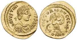 Justinian I, 527-565. Semissis (Gold, 18 mm, 2.27 g, 6 h), Constantinople, 527-552. D N IVSTINI-ANVS P P AVC Diademed, draped and cuirassed bust of Ju...