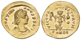 Justinian I, 527-565. Tremissis (Gold, 15 mm, 1.22 g, 6 h), Constantinople. D N IVSTINI-ANVS P P AVI Diademed, draped and cuirassed bust of Justinian ...