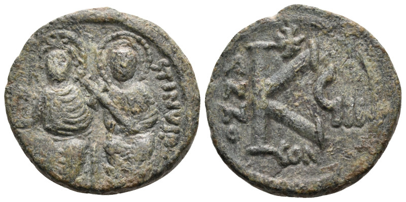 Justin II, with Sophia, 565-578. Half Follis (Bronze, 20 mm, 5.99 g, 12 h), unce...