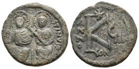 Justin II, with Sophia, 565-578. Half Follis (Bronze, 20 mm, 5.99 g, 12 h), uncertain military mint, perhaps Constantine in Numidia, year 8 = 572-573....
