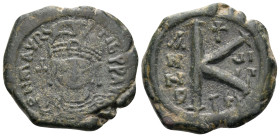 Maurice Tiberius, 582-602. Half Follis (Bronze, 20 mm, 6.26 g, 6 h), Thessalonica, year 8 = 589-590. D N mAVRC TIb P P AVG Helmeted and cuirassed bust...