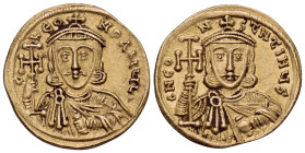 Constantine V Copronymus, with Leo III, 741-775. Solidus (Gold, 21 mm, 4.46 g, 5 h), Constantinople, 742-745. C LEO-N P A MЧL- Crowned bust of Leo III...