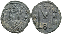 Michael II the Amorian, with Theophilus, 820-829. Follis (Bronze, 30.5 mm, 4.81 g, 6 h), Constantinople, 821-829. MIXAHL S ΘЄOFILOS Crowned facing bus...