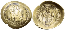 Constantine X Ducas, 1059-1067. Histamenon (Gold, 26 mm, 4.30 g, 6 h), Constantinople. + IhS XIS REX REςNANThIm Christ, nimbate, seated facing on squa...