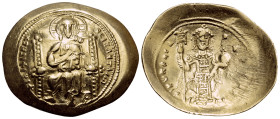 Constantine X Ducas, 1059-1067. Histamenon (Gold, 28 mm, 4.26 g, 5 h), Constantinople. +IhS XIS REX REςNANTҺIm Christ, nimbate, seated facing on squar...