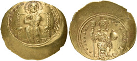 Constantine X Ducas, 1059-1067. Histamenon (Gold, 26 mm, 4.36 g, 6 h), Constantinople. +IhS XIS REX REGNANTIhm Christ, nimbate, seated facing on strai...
