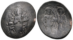 Manuel I Comnenus, 1143-1180. Trachy (Bronze, 24 mm, 2.53 g, 6 h), Constantinople. IC - XC Christ, nimbate, enthroned facing, right hand held in lap i...