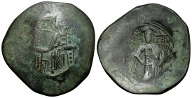 Isaac II Angelus, first reign, 1185-1195. Aspron Trachy (Bronze, 27 mm, 5.09 g, 6 h), Constantinople. (MHP)-ΘV The Virgin Mary, nimbate, enthroned fac...