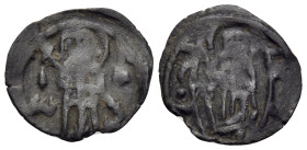 John VII Palaeologus, regent, 1399-1402. Follaro (Bronze, 14.5 mm, 0.65 g, 12 h), Constantinople. Christ standing facing in mandorla. Rev. ΙωΑΝ John s...