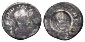 AXUM. Ousanas I, Circa 325-345. Argyros (Silver, 12 mm, 0.70 g, 12 h). AξѠMITѠN Draped bust to right, wearing headcloth; above, crescent with pellet a...