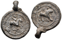 CRUSADERS. Uncertain. 11th-14th century. Medal, with suspension loop (Lead, 23 mm, 4.84 g, 5 h). Horseman charging right with one arm raised, dog belo...