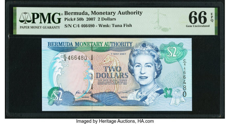 Bermuda Monetary Authority 2 Dollars 7.5.2007 Pick 50b PMG Gem Uncirculated 66 E...
