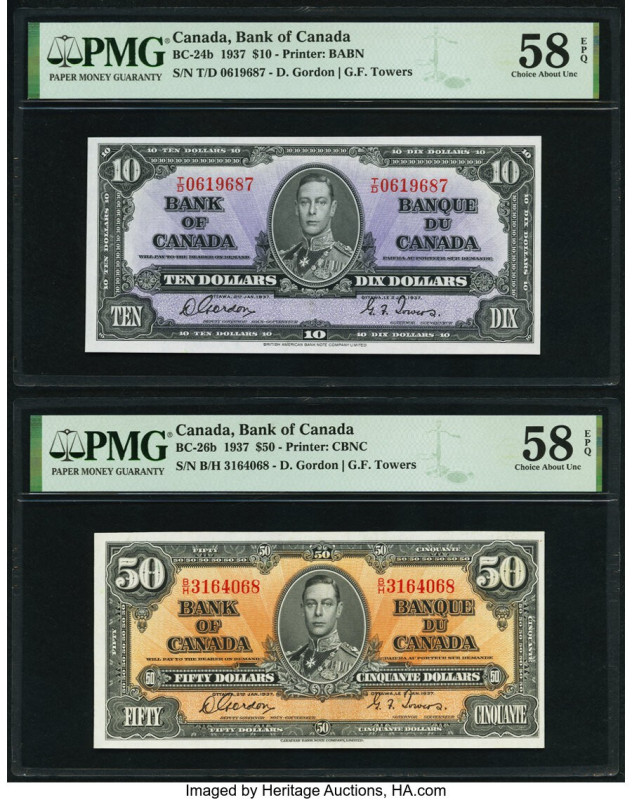 Canada Bank of Canada $10; 50 2.1.1937 BC-24b; BC-26b Two Examples PMG Choice Ab...
