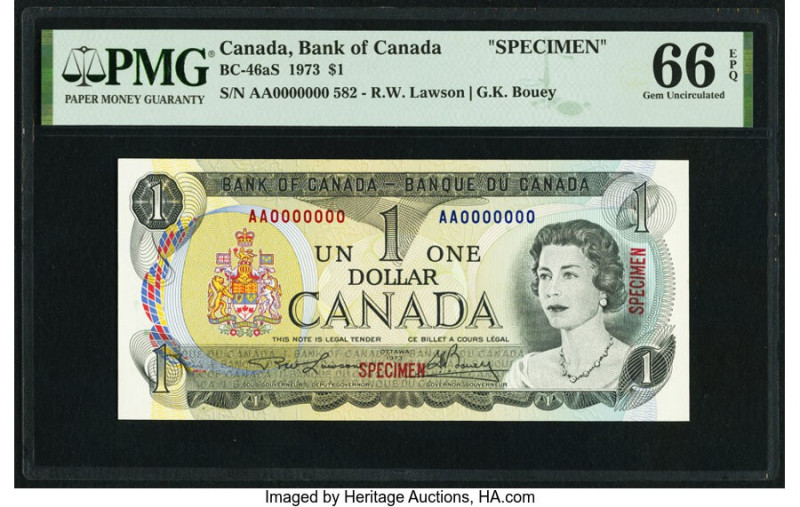 Canada Bank of Canada $1 1973 BC-46aS Specimen PMG Gem Uncirculated 66 EPQ. 

HI...