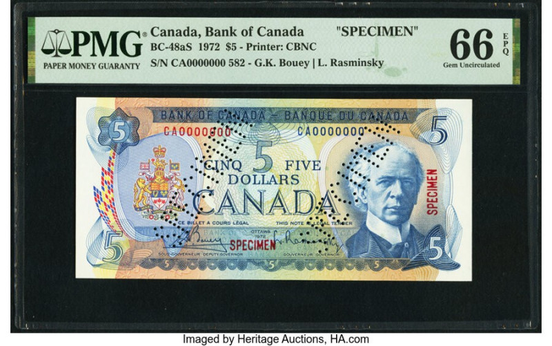 Canada Bank of Canada $5 1972 BC-48aS Specimen PMG Gem Uncirculated 66 EPQ. Perf...
