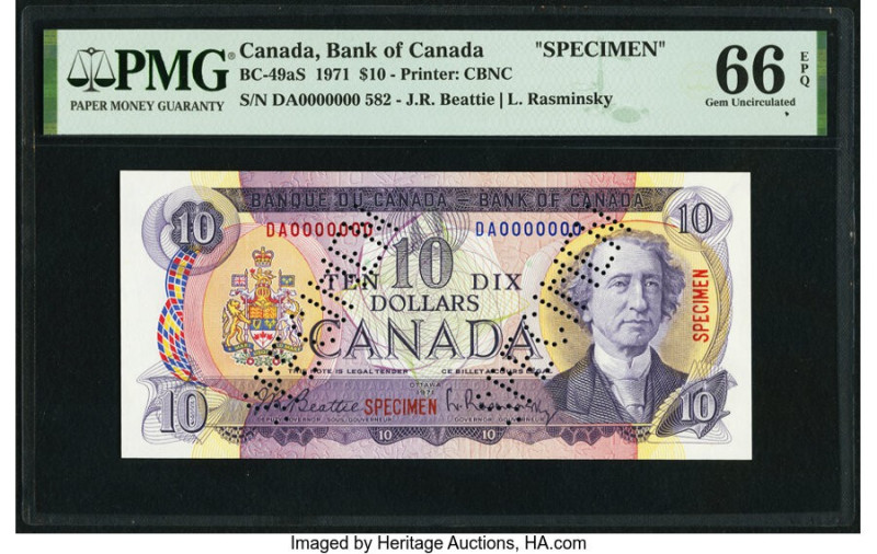 Canada Bank of Canada $10 1971 BC-49aS Specimen PMG Gem Uncirculated 66 EPQ. Spe...