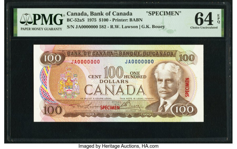 Canada Bank of Canada $100 1975 BC-52aS Specimen PMG Choice Uncirculated 64 EPQ....