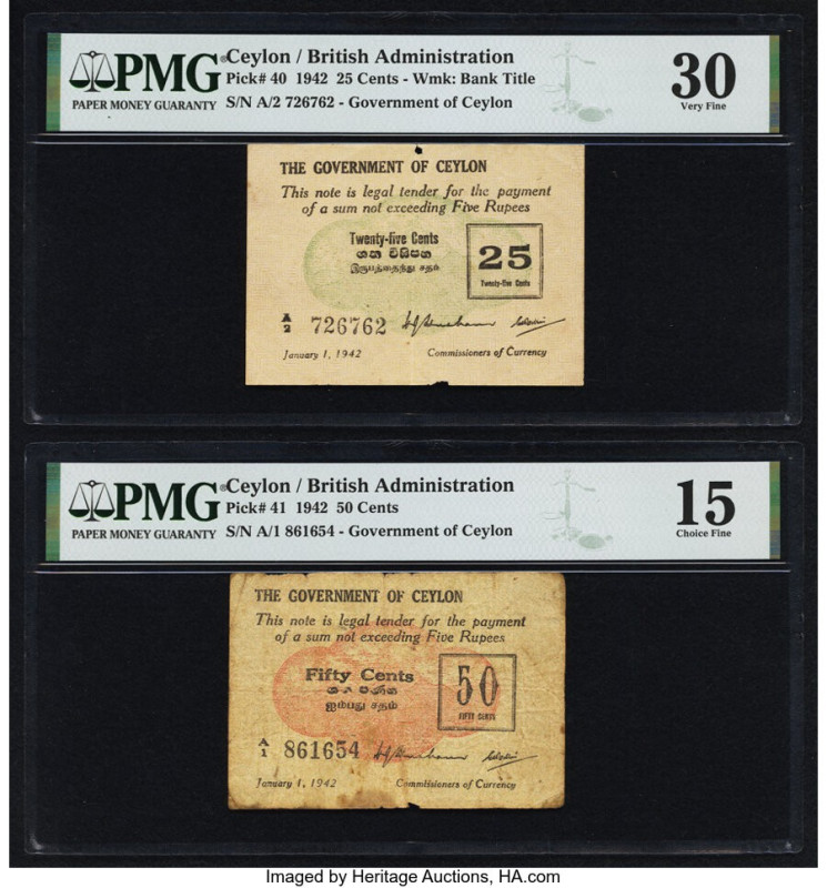 Ceylon Government of Ceylon 25; 50 Cents 1.1.1942 Pick 40; 41 Two Examples PMG V...